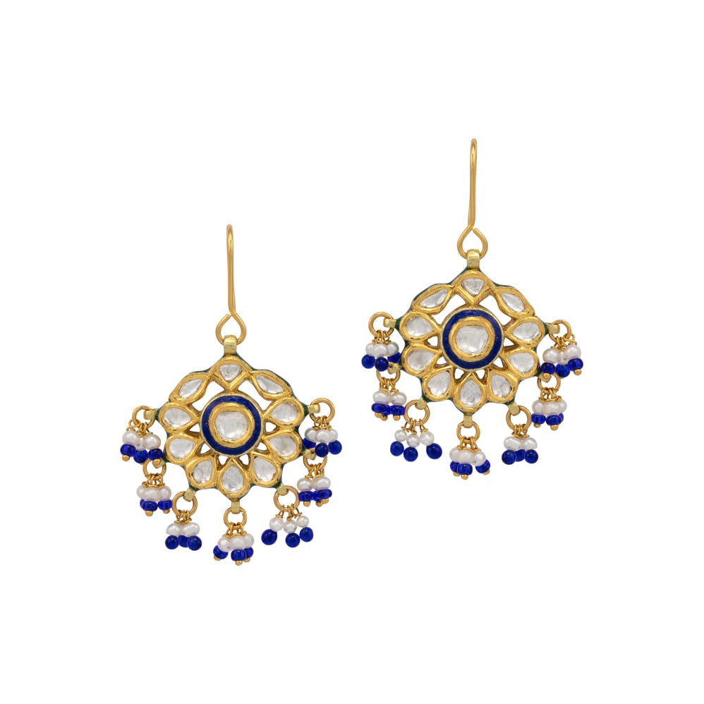 Polki Drop Earrings with Blue Enamel and Pearl Bead Accents